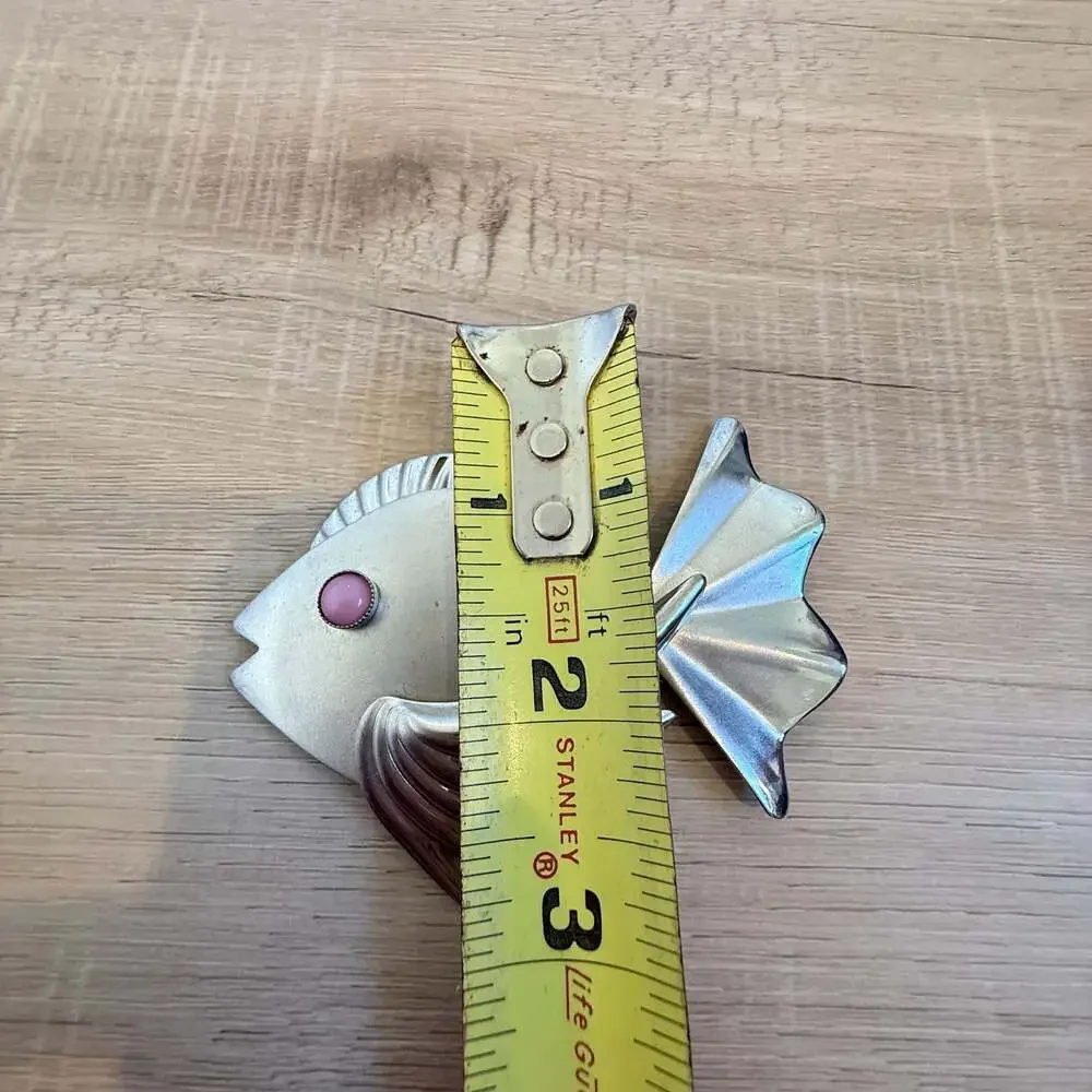 Vintage Mid Century Modern Silver Tone Abstract Fish Brooch Pink Cabochon Eye